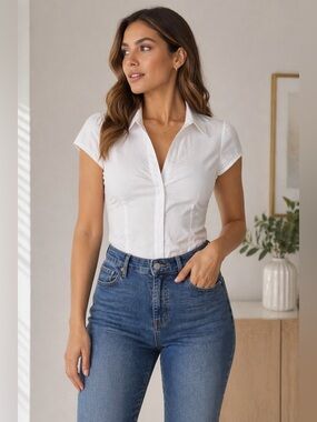Beverly & Beck White Button Front Tie Waist Blouse Top Size M